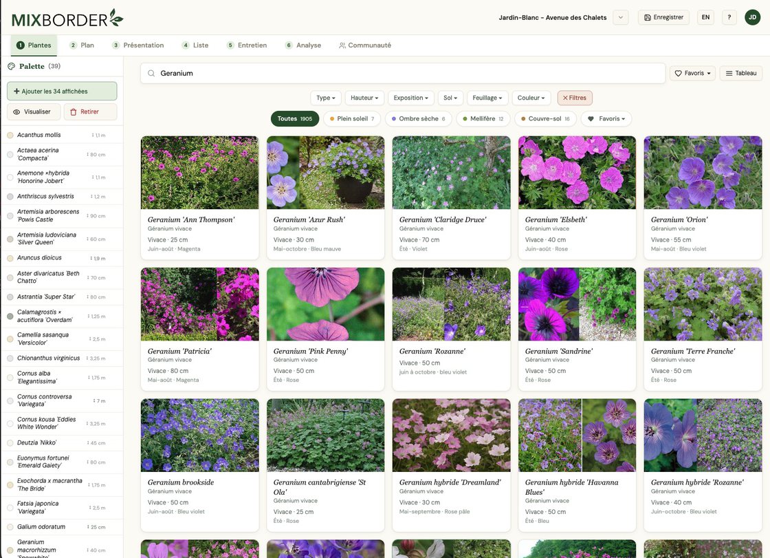 Recherche et filtres dans la bibliothèque de plantes